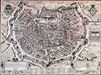 Stadtplan von Mailand, herausgegeben 1573 von Antonio Lafreri (Lafrery oder Lanfrerius) (1512-1577). Dies ist der älteste Stadtplan der Stadt. Mailand, Museum von Mailand - Stadtplan von Mailand. Der älteste Stadtplan der Stadt von 1573, herausgegeben von