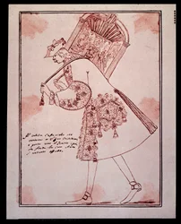 Porträt von Gaetano Majorana genannt Caffarelli (oder Cafarello, oder Gaffariello) (1710-1783) italienischer Kastrat (Kastrat), der das San Giovanni Grisostomo Theater verlässt Karikatur von Anton Maria Zanetti (1680-1767). 18. Jahrhundert. Private Sammlun