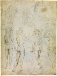 Studien nackter Frauen, Verkündigung und zwei Schwimmstudien von Frauen, um 1425