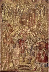 Johannes der Täufer kündigt den Pharisäern die Mission Christi an, Wandteppich mit Szenen aus dem Leben des Heiligen