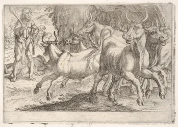 Herkules und die Rinder des Geryones: mit einem erhobenen Keule in seiner rechten Hand, Herkules konfrontiert, 1608