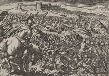 Tafel 29: Civilis überflutet das Land, indem er die Deiche verteidigend bricht, aus Der Krieg der R... , 1611