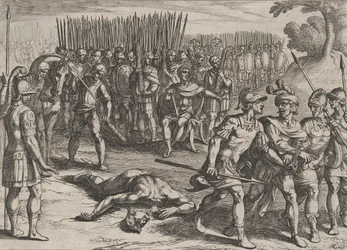 Tafel 3: Claudius Civilis verhaftet und sein Bruder Paulus enthauptet, aus Der Krieg der Ro..., 1611