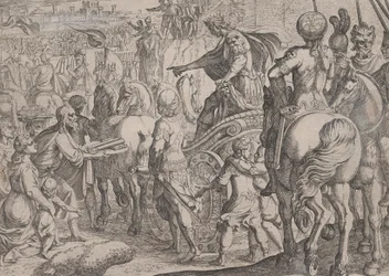 Tafel 9: Alexanders triumphaler Einzug in Babylon, aus Die Taten Alexanders des Großen, ..., 1608