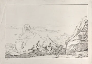 Gebirgslandschaft mit zwei Männern im Vordergrund, 1828