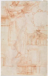 Eine drapierte weibliche Figur, möglicherweise eine Amazone, und architektonische Studien verso, ca. 1525
