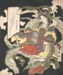 Benzaiten Göttin der Musik und des Glücks auf einem weißen Drachen sitzend, 1832