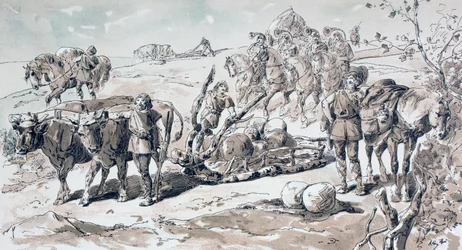 Ochsen ziehen einen primitiven Schlitten beladen mit Steinen, 1886