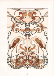 Symmetrisches Jugendstil-Ornament mit Libellen, Reihern und mythischen Kreaturen