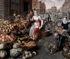 Frau verkauft Obst und Gemüse, ca. 1590