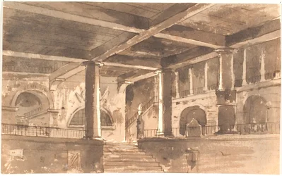 Vorhalle mit Treppe, Säulen und Gewölben