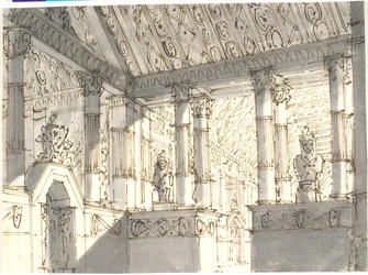 Innenraum (aus einem Tempel?) mit Säulen und Statuen