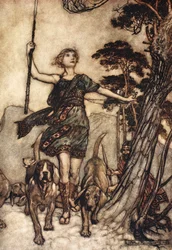 Wir werden, schöne Königin, auf den Berg steigen und die musikalische Verwirrung von Hunden und Echo in Verbindung beobachten, Illustration aus 