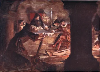 Die Inquisition! Schon der Name war mit Schrecken verbunden, Illustration aus Romance of History: The Netherlands, 1920er Jahre