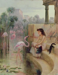 Ein Mädchen mit Flamingos