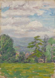 Blick durch Wiese und Baum mit Tal dahinter