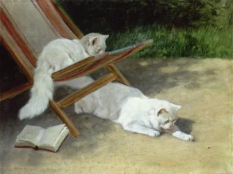Zwei weiße Perserkatzen mit einem Marienkäfer bei einem Liegestuhl
