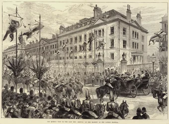 Der Besuch der Königin im East End, Ankunft Ihrer Majestät im Londoner Krankenhaus