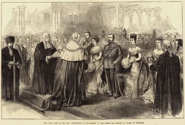 Der königliche Besuch in der Stadt, Übergabe der Adresse an den Prinzen und die Prinzessin von Wales im Guildhall