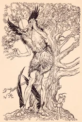 Ein schrecklicher Kerl, halb so groß wie der Baum, an dem er stand. Illustration von Arthur Rackham aus Grimms Märchen, Der Geist im Glas.