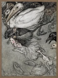 Alice und verschiedene Tiere schwimmen, darunter eine Ratte, eine Ente, ein Dodo, eine Krähe, ein Wiesel, eine Krabbe und ein Küken.