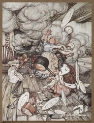 Alice in einer Küche mit der Herzogin, einem Koch und der Grinsekatze