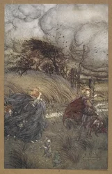 Und jetzt treffen sie sich nie im Hain oder Grün, bei klaren Brunnen oder funkelndem Sternenlicht, aber sie streiten. Eine Szene aus 