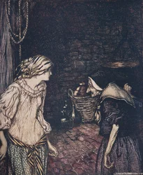 Endlich erreichte sie den Keller, und dort fand sie eine alte, alte Frau mit einem zitternden Kopf .., aus den Märchen der Brüder Grimm