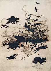 Beim dritten Stich schrie der Fuchs auf, und sein Schwanz sank zwischen seine Beine, aus den Märchen der Brüder Grimm, veröffentlicht 1909