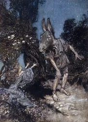 Bottom der Eselköpfige und Titania die Feenkönigin. Illustration von Arthur Rackham für Ein Sommernachtstraum von William Shakespeare