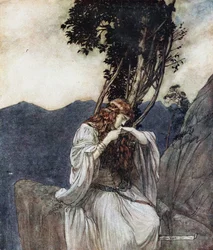 Brünnhilde küsst den Ring, den Siegfried bei ihr gelassen hat. Illustration für Siegfried und Die Dämmerung