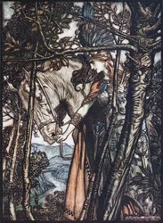 Brünnhilde führt ihr Pferd am Zügel. Illustration für Das Rheingold und Die Walküre von Richard Wagner
