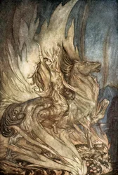 Brunnhilde auf Grane springt auf den Scheiterhaufen von Siegfried