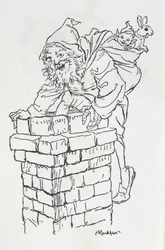 Weihnachtsmann, der mit Geschenken in einen Schornstein klettert