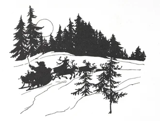 Weihnachtsmann, der durch einen verschneiten Wald auf seinem Schlitten fährt