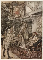 Er tröstete sich, indem er häufig einen Art ewigen Club der Weisen, Philosophen und anderen Müßiggänger besuchte, der seine Sitzungen vor einem kleinen Gasthaus abhielt., aus Rip Van Winkle von Washington