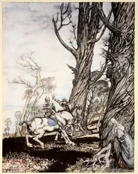 Wie Sir Launcelot den Ritter Sir Peris de Forest Savage tötete, der Damen, Fräuleins und Edelfrauen bedrängte, Illustration aus 