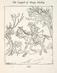 Ichabod Crane flieht vor dem kopflosen Reiter, aus Die Legende von Sleepy Hollow von Washington Irving (1783 - 1859), veröffentlicht 1928