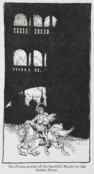 Illustration aus Der goldene Vogel, als der Prinz die Jungfrau auf dem Pferd entführt.