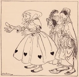 Es kamen die drei Frauen herein, die auf die seltsamste Weise gekleidet waren. Illustration von Arthur Rackham aus Grimms Märchen, Die drei Spinnerinnen.