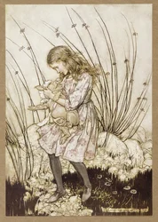 "Es grunzte wieder so heftig, dass sie etwas alarmiert in sein Gesicht blickte", aus Alice im Wunderland, von Lewis Carroll, veröffentlicht 1907 (Farblithografie)