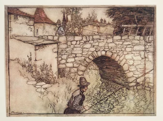 Es war einmal ein armer Bauer namens Krabb, der eine Ladung Holz mit zwei Ochsen in die Stadt zum Verkauf brachte, aus den Märchen der Brüder Grimm, veröffentlicht 1909