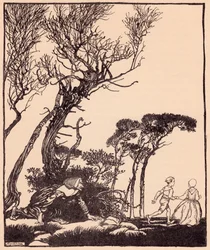 Sie schlich ihnen heimlich nach, wie Hexen es tun. Illustration von Arthur Rackham aus Grimms Märchen Brüderchen und Schwesterchen.