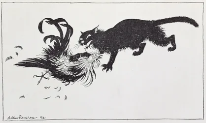 Die Katze und der Hahn, Illustration aus „Äsops Fabeln“, veröffentlicht von Heinemann, 1912