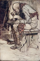 Der alte Mann musste allein sitzen und aß sein Essen aus einer Holzschale, aus Die Märchen der Brüder Grimm, veröffentlicht 1909