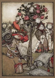 Die Königin, der König und der Bube der Herzen gehen an den als Karten verkleideten Männern vorbei, die den Rosenbusch rot anmalen