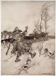 Auch die Hunde, von denen er keinen als alten Bekannten erkannte, bellten ihn an, als er vorbeiging., aus Rip Van Winkle von Washington Irving, veröffentlicht 1910
