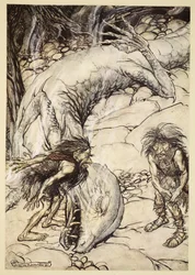 Die Zwerge streiten sich über den Körper von Fafner, Illustration aus 
