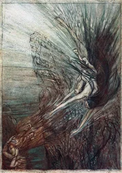 Die Neckerei der Rheintöchter. Illustration für Das Rheingold und Die Walküre von Richard Wagner
