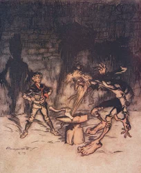 Der Jüngling nahm die Axt und spaltete den Amboss mit einem Schlag, wobei er gleichzeitig den Bart des alten Mannes erwischte, aus Die Märchen der Brüder Grimm, veröffentlicht 1909